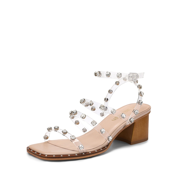 Clear Rhinestone Strappy Chunky Heels - CLEAR RHINESTONE -  0